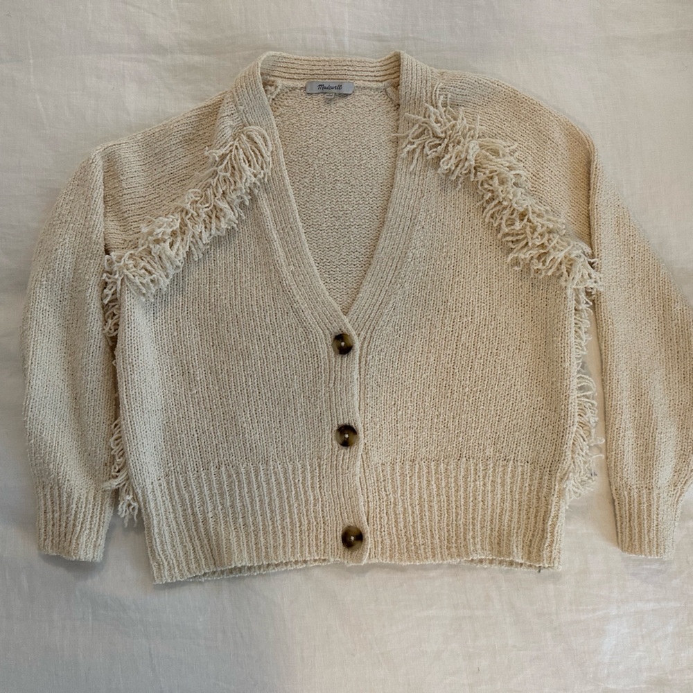 Madewell cream cardigan with fun fringe accent
